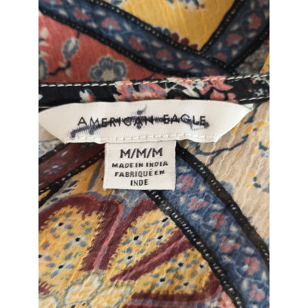 American Eagle Patchwork Print Balloon Sleeve Bow Tie Back Blouse Woman's Size M - Picture 3 of 7
